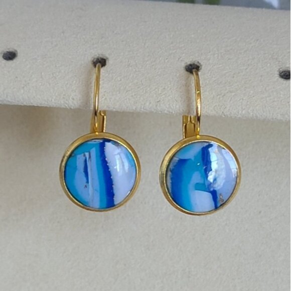 Hand Crafted Boho Gold Blue White Gemstone Marble Circle Drop Dangle Earrings - Picture 3 of 14